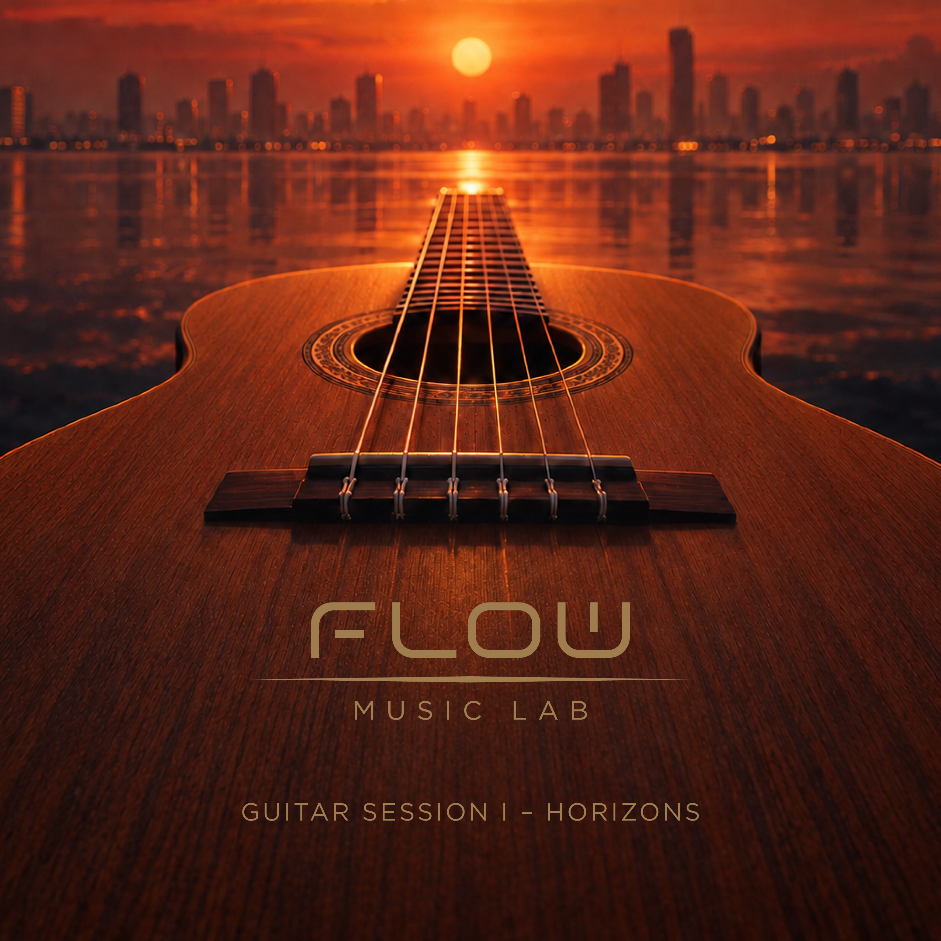 Capa de Guitar Session I — Horizons, violão diante de um pôr do sol urbano